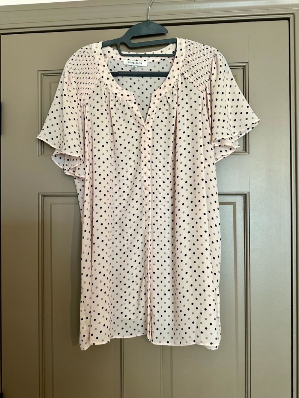 Rose & Olive Blush Pink Black Polka Dot Flutter Sleeve Blouse Plus Size